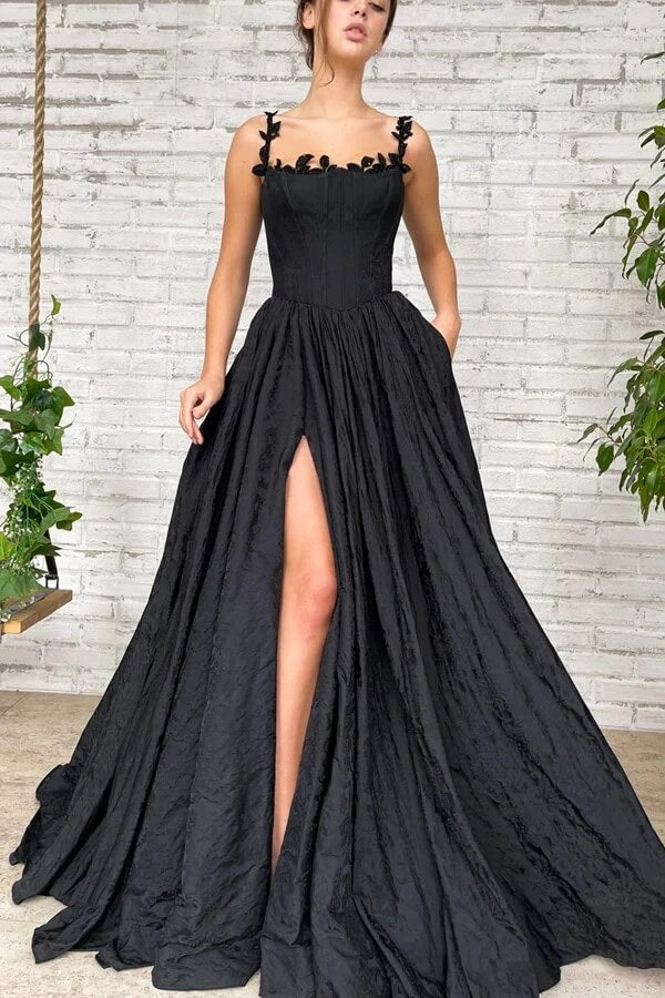 Simple Taffeta Black A Line Long Prom Dresses With Slit, Evening Dress, PL496 | black prom dress | cheap long prom dresses | evening gown | promnova.com