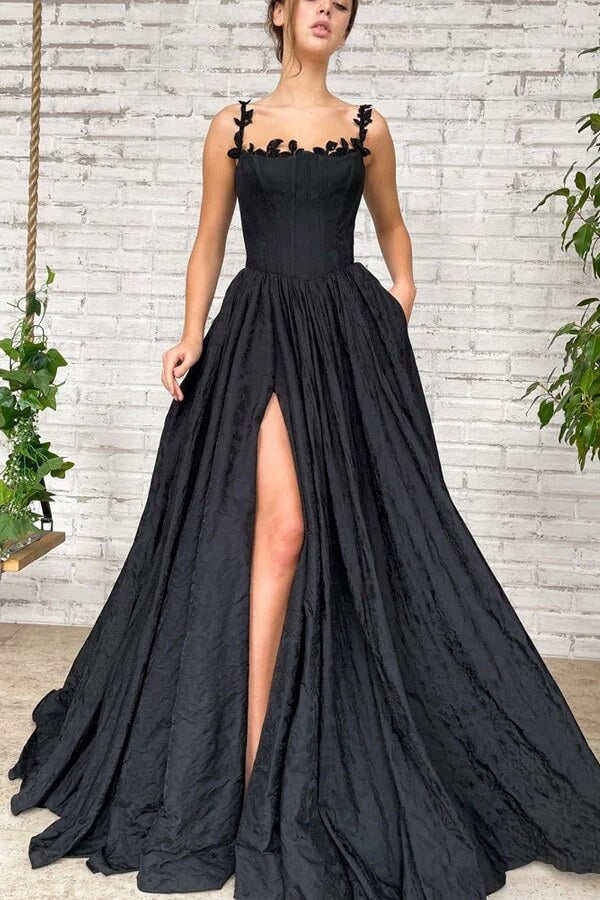 Simple Taffeta Black A Line Long Prom Dress With Slit PL496
