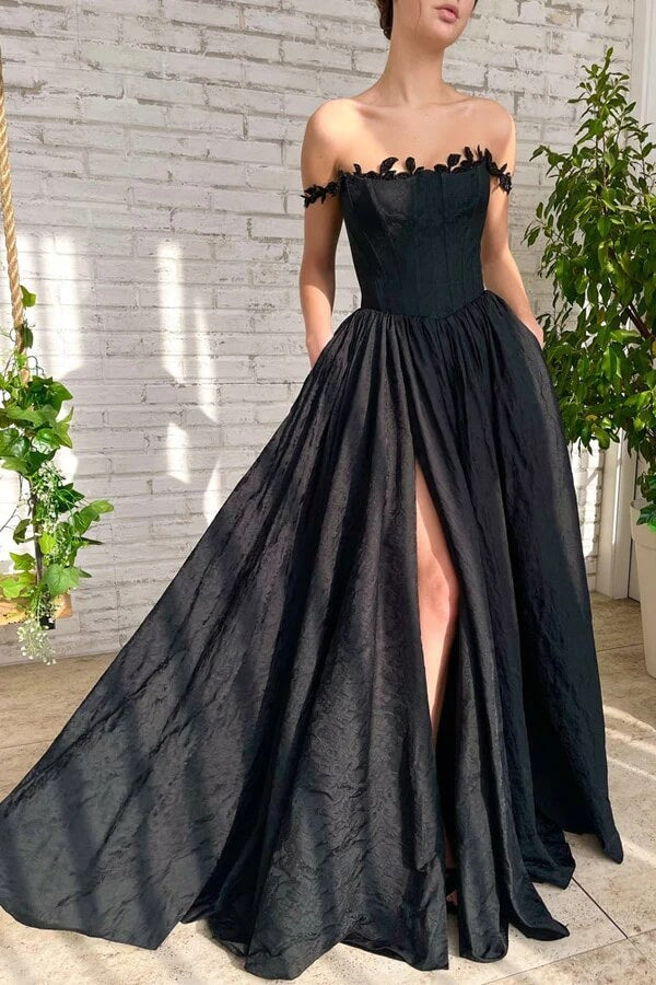 Simple Taffeta Black A Line Long Prom Dresses With Slit, Evening Dress, PL496 | long formal dresses | a line prom dress | party dress | promnova.com
