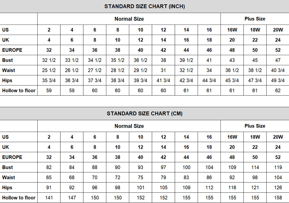 Size Chart for homecoming dresses at promnova.com