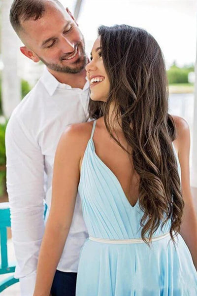 Chiffon Sky Blue A Line V Neck Beach Wedding Dresses PW306 | Promnova