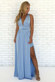 Sky Blue Chiffon A Line V Neck Criss-Cross Straps Prom Dresses With Slit, PL462