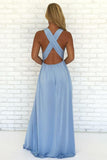 Sky Blue Chiffon A Line V Neck Criss-Cross Straps Prom Dresses With Slit, PL462 | chiffon prom dresses | long formal dresses | a line prom dresses | promnova.com