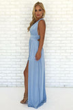 Sky Blue Chiffon A Line V Neck Criss-Cross Straps Prom Dresses With Slit, PL462 | simple prom dresses | long prom dresses | cheap prom dress | promnova.com