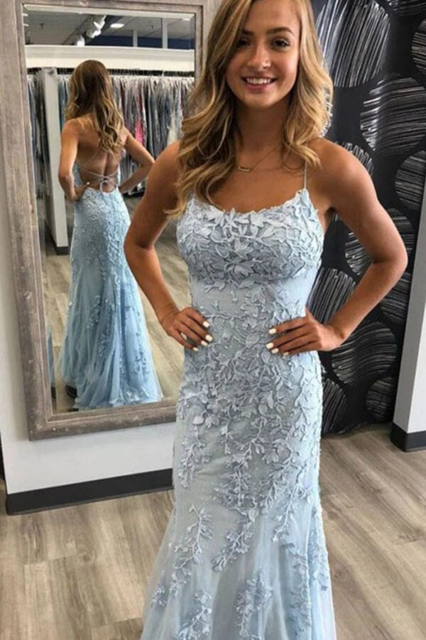 Sky Blue Spaghetti Strap Backless Pageant Mermaid Prom Dresses Formal Dress PL350 | long prom dresses | evening dresses | party dresses | promnova.com