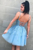 Sky Blue Tulle A Line V Neck Lace Appliques Short Homecoming Dresses, PH365 | homecoming dress online | lace homecoming dress | new arrival homecoming dresses | school event dress | promnova.com