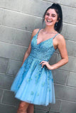 Sky Blue Tulle A Line V Neck Lace Appliques Short Homecoming Dresses, PH365