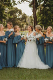 Slate Gray Mismatched Chiffon Off Shoulder Cheap Long Bridesmaid Dresses, PB127 | grey bridesmaid dresses | bridesmaid outfit | wedding guest dresses | promnova.com