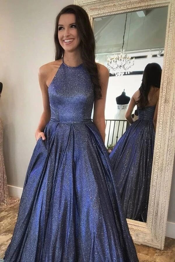 Sparkly A Line Halter Neck Long Prom Dresses, Cute Evening Dresses, PL522