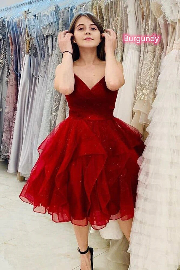 Sparkly Burgundy Tulle A Line Homecoming Dresses PH398 Promnova