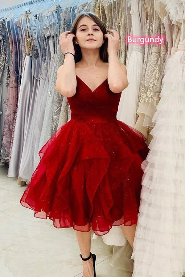 Sparkly Burgundy Tulle A Line Homecoming Dresses, Graduation Dresses, PH398 | short homecoming dresses | cheap homecoming dresses | school event dresses | promnova.com