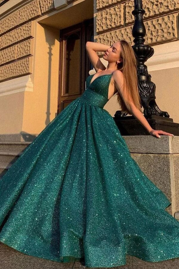 Sparkly Green Ball Gown V Neck Long Prom Dresses PL439