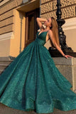 Sparkly Green Ball Gown V Neck Long Prom Dresses, Cheap Evening Dresses, PL439