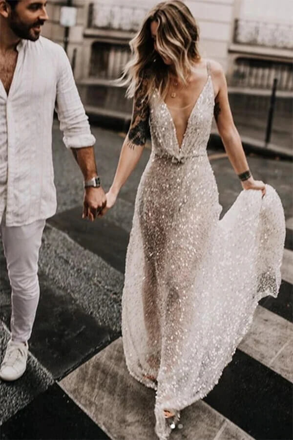 Sparkly Lace A Line Illusion Neck Wedding Dresses PW290 | Promnova US10 / Custom Color Sparkly Lace A Line Illusion Neck Wedding Dresses PW290 | Promnova US10 / Custom Color