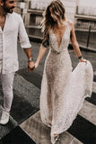 Sparkly Lace A Line Illusion Neck Backless Wedding Dresses, Wedding Gown, PW290 | lace wedding dresses | beach wedding dresses | bridal gowns | promnova.com