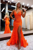 Orange Tulle Spaghetti Straps Mermaid Prom Dresses With Lace, PL550