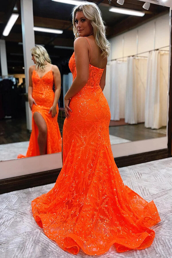 Sparkly Orange Tulle Spaghetti Straps Mermaid Prom Dresses With Lace, PL550 | mermaid prom dress | long formal dresses | evening gown | promnova.com