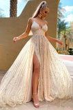 Sparkly Sequins Tulle A Line V Neck Prom Dresses, Evening Dresses, PL536