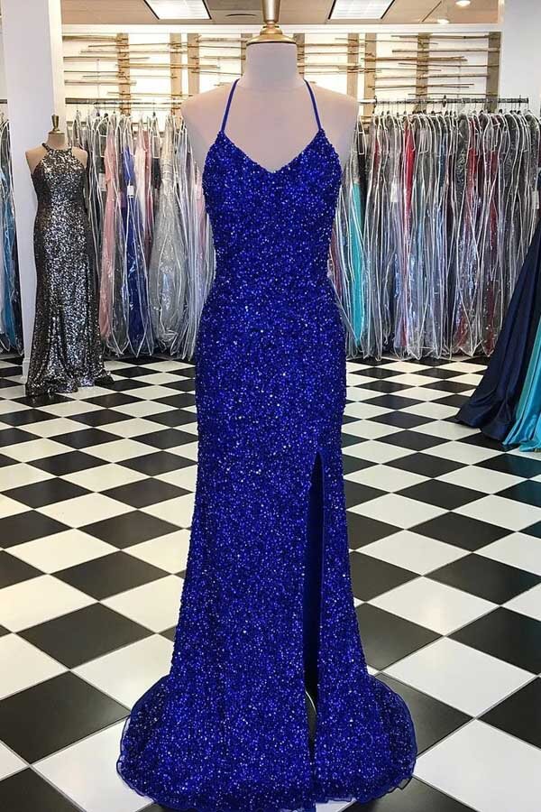 Sparkly Sheath Sequins V Neck Sweep Train Prom Dress PL483