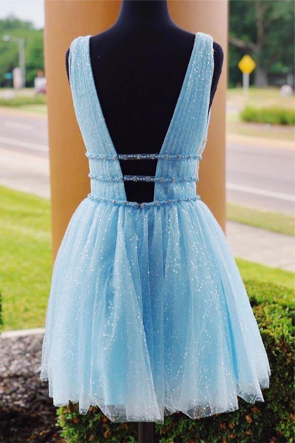 Sparkly Sky Blue Tulle A Line Beaded Short Party Dress, Homecoming Dresses, PH364 | short homecoming dresses | homecoming dresses online | sweet 16 dress | promnova.com