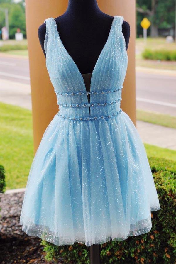 Sparkly Sky Blue Tulle A Line Beaded Short Party Dress, Homecoming Dresses, PH364 | school event dress | graduation dresses | cheap homecoming dress | promnova.com