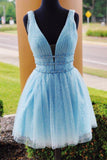 Sparkly Sky Blue Tulle A Line Beaded Short Party Dress, Homecoming Dresses, PH364