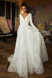 Stretchy Satin A Line V-Neck Long Sleeves Lace Wedding Dress, Bridal Gown, PW338 | satin wedding dresses | lace wedding gown | cheap wedding dresses | promnova.com