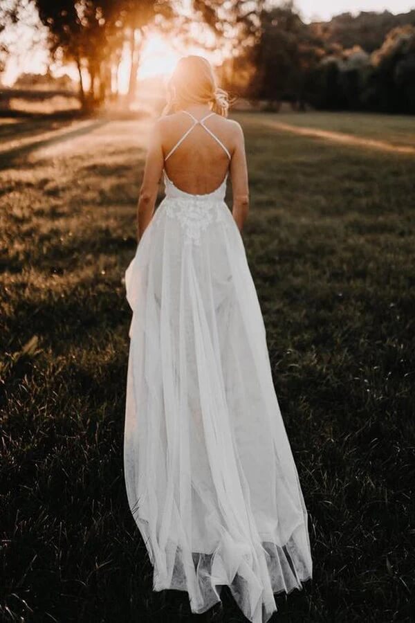 Tulle A-Line V Neck Backless Cheap Wedding Dresses With Lace Appliques, PW308 | plus size wedding dress | bridal shops near me | boho wedding dress | promnova.com