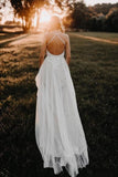 Tulle A-Line V Neck Backless Cheap Wedding Dresses With Lace Appliques, PW308