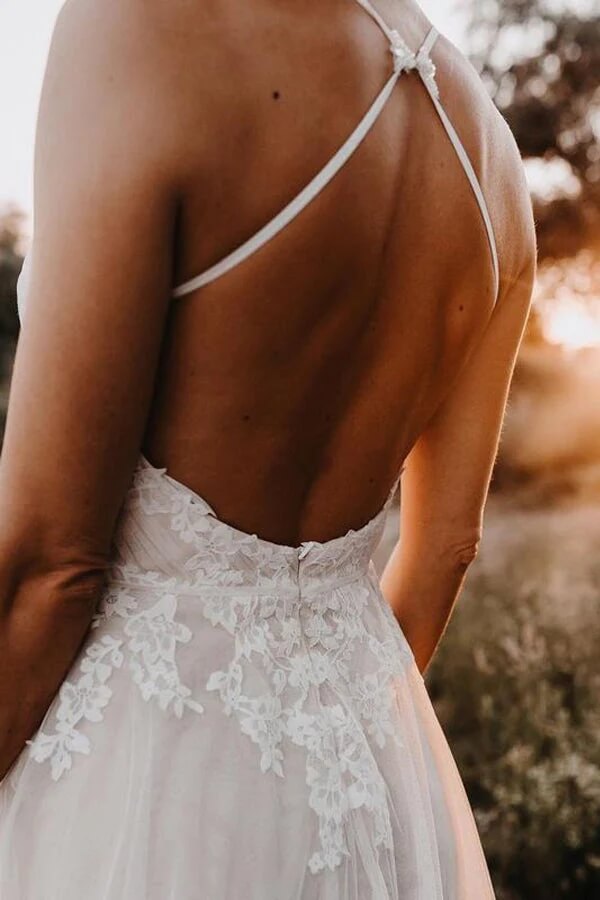 Tulle A-Line V Neck Backless Cheap Wedding Dresses With Lace Appliques, PW308 | wedding dress shops near me | wedding dress styles | a line wedding dress | promnova.com