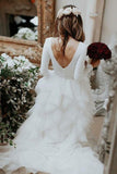 Tulle A-line Bateau Neck Long Sleeves Ruffles Wedding Dresses With Train, PW304 | vintage wedding dresses | beach wedding dresses | outdoor wedding dresses | promnova.com