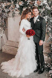 Tulle A-line Bateau Neck Long Sleeves Ruffles Wedding Dresses With Train, PW304 simple wedding dresses | bohemian wedding dress | cheap wedding dresses online | promnova.com
