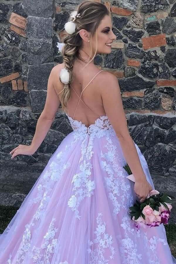 Tulle A Line Backless Lace Appliques Long Prom Dress PL437 | Promnova Tulle A Line Backless Lace Appliques Long Prom Dress PL437 | Promnova