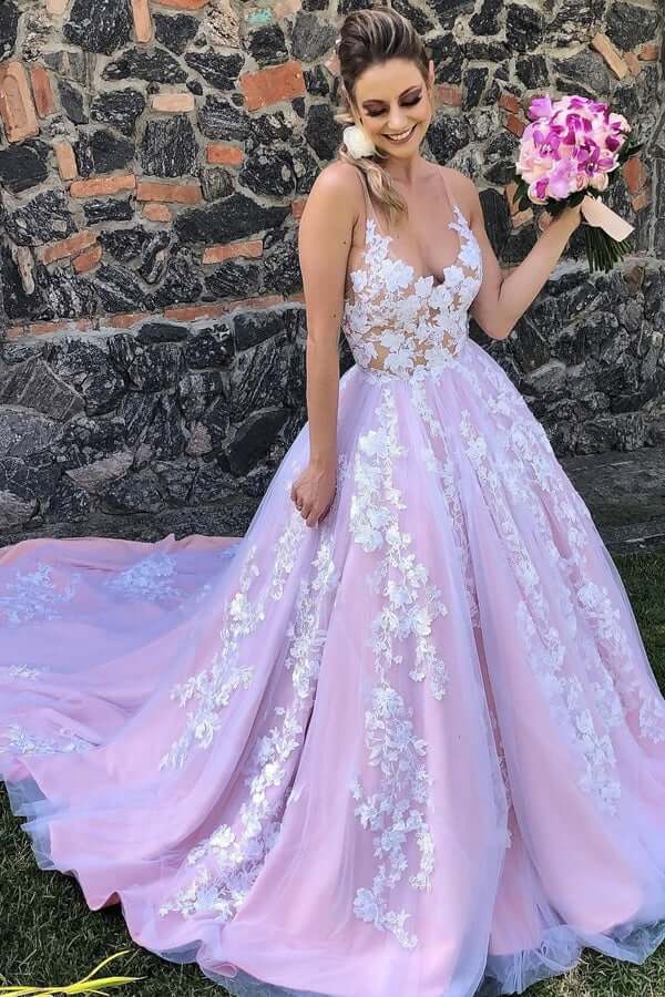 Tulle A Line Backless Lace Appliques Long Prom Dress PL437 | Promnova Tulle A Line Backless Lace Appliques Long Prom Dress PL437 | Promnova