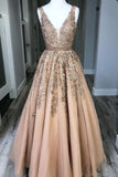 Tulle A Line Beaded Prom Dresses With Lace Appliques, Evening Gown, PL468 | champagne prom dresses | prom dress   near me | modest prom dress | sexy prom dress | promnova.com