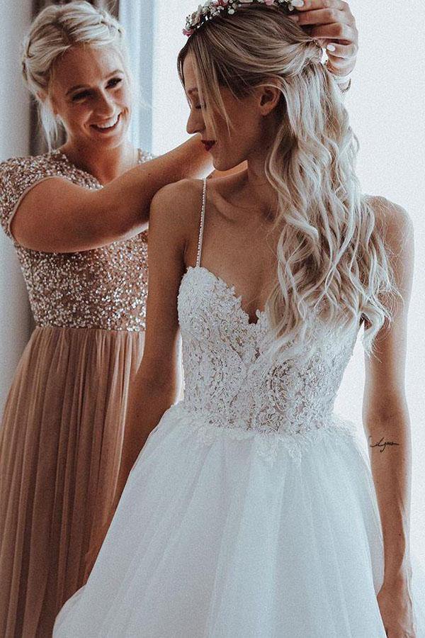 Spaghetti Straps Beaded Appliqued A-line Tulle Wedding Dresses US12 / As Picture