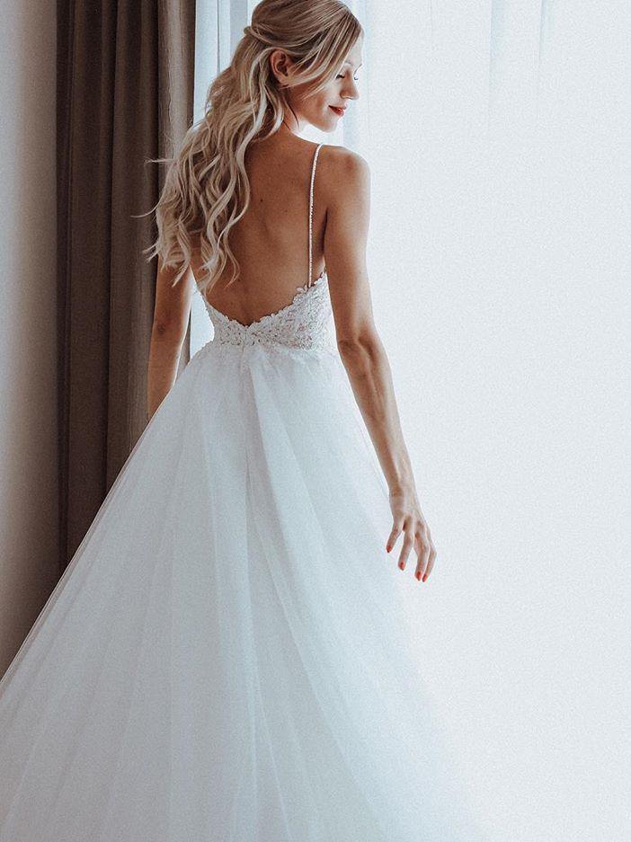 Tulle A Line Beaded Spaghetti Straps Open Back Long Wedding Dresses, PW282 | bridal gowns | plus size wedding dresses | wedding dresses near me | promnova.com