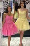 Tulle A Line Spaghetti Straps Lace Appliques Short Homecoming Dresses, PH395 | pink homecoming dresses | school   event dresses | graduation dresses | promnova.com