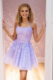 Tulle A Line Spaghetti Straps Lace Appliques Short Homecoming Dresses, PH395 | lavender homecoming dresses |   lace homecoming dresses | cheap homecoming dresses | promnova.com