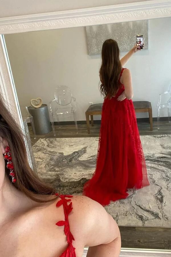 Tulle A Line Sweetheart Lace Red Prom Dresses With Slit, Evening Dress, PL456 | cheap lace prom dresses | lace   prom dresses | evening gown | promnova.com