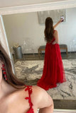 Tulle A Line Sweetheart Lace Red Prom Dresses With Slit, Evening Dress, PL456 | cheap lace prom dresses | lace   prom dresses | evening gown | promnova.com