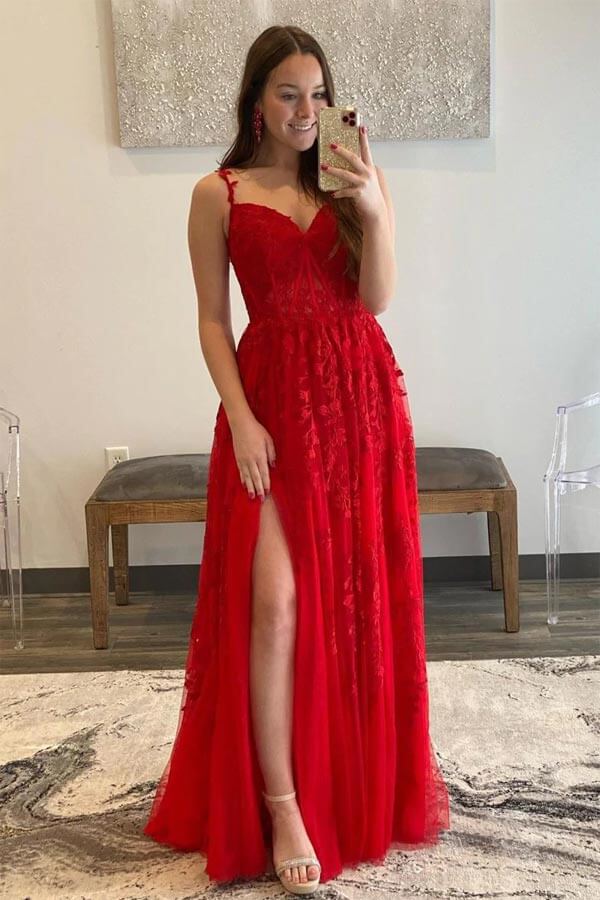 plakat Repræsentere respekt Tulle A Line Sweetheart Lace Red Prom Dresses PL456 | Promnova