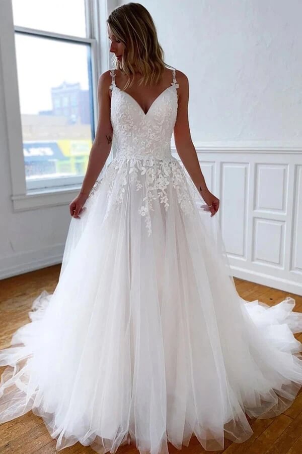 Tulle A Line V Neck Court Train Wedding Dresses PW325 | Promnova Tulle A Line V Neck Court Train Wedding Dresses PW325 | Promnova