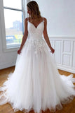 Tulle A Line V Neck Court Train Wedding Dresses With Lace Appliques, PW325 | a line wedding dress | cheap lace   wedding dresses | wedding gowns | promnova.com