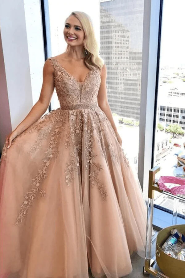 Tulle A Line V Neck Prom Dresses With Lace Appliques PL511 | Promnova US10 / Custom Color Tulle A Line V Neck Prom Dresses With Lace Appliques PL511 | Promnova US10 / Custom Color