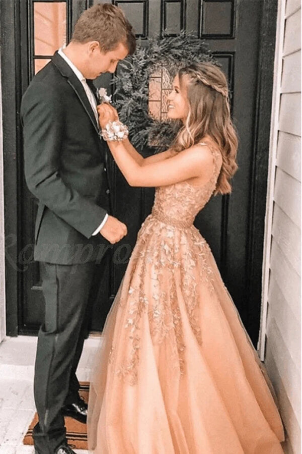 Tulle A Line V Neck Prom Dresses With Lace Appliques, Long Formal Dresses, PL511 | cheap long prom dresses | evening gown | party dresses | promnova.com