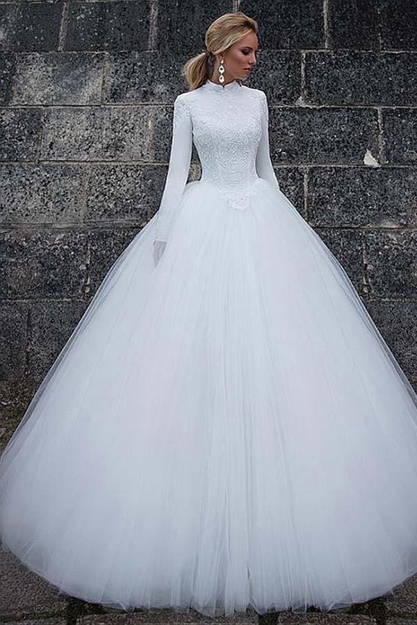 Tulle Ball Gown Long Sleeves Vintage Wedding Dresses With Lace Appliques, PW332 | tulle wedding dresses | bridal styles | wedding dresses near me | promnova.com