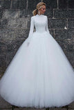 Tulle Ball Gown Long Sleeves Vintage Wedding Dresses With Lace Appliques, PW332