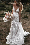 Tulle Mermaid Deep V Neck Lace Flowers Wedding Dresses, Bridal Gowns, PW329