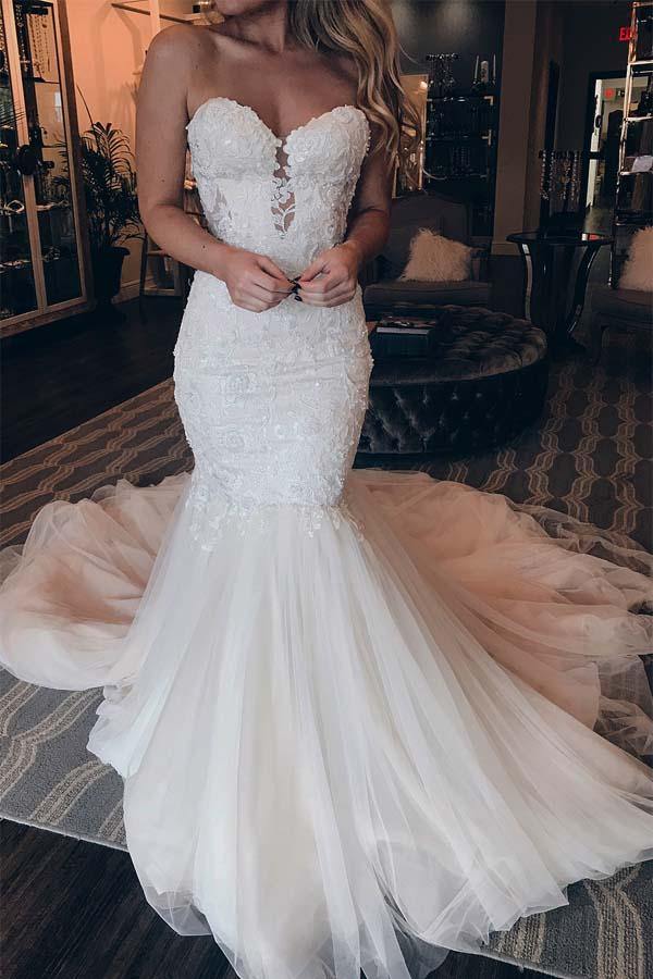Elegant Sweetheart Mermaid Lace Long Wedding Dress with Beading US2 / White Elegant Sweetheart Mermaid Lace Long Wedding Dress with Beading US2 / White